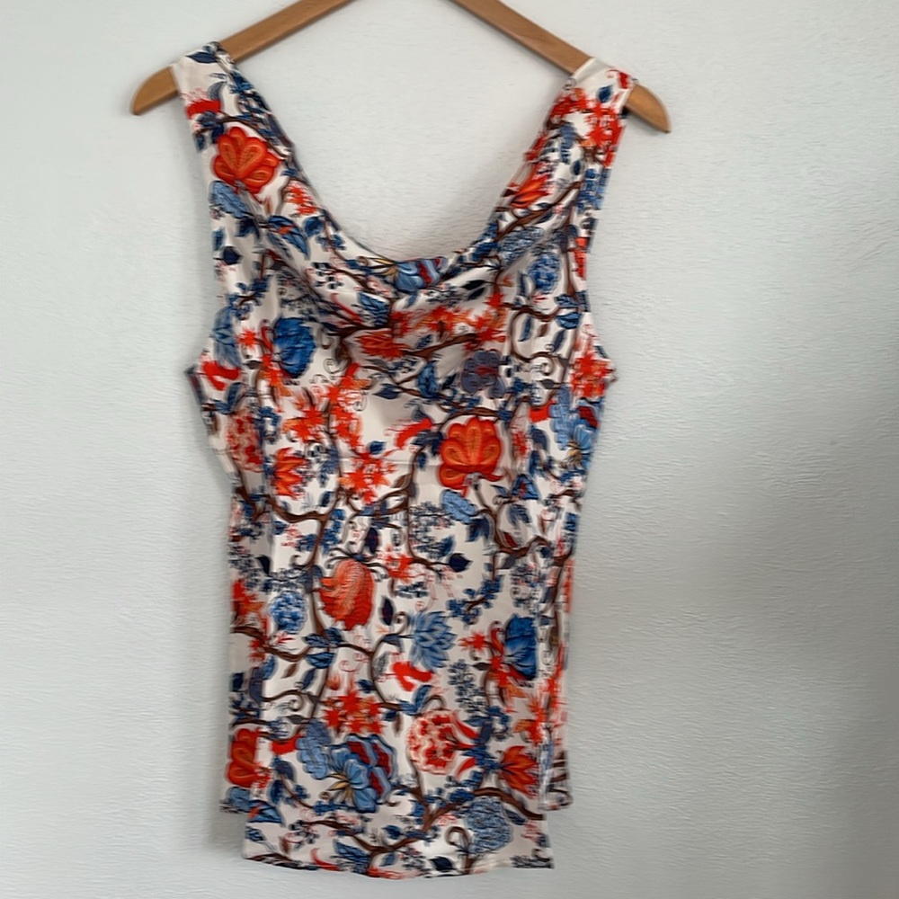 Chloe Kristyn Layer Satin Cowl Camisole in Fleur Blanche Orange Blue Small‎ NEW